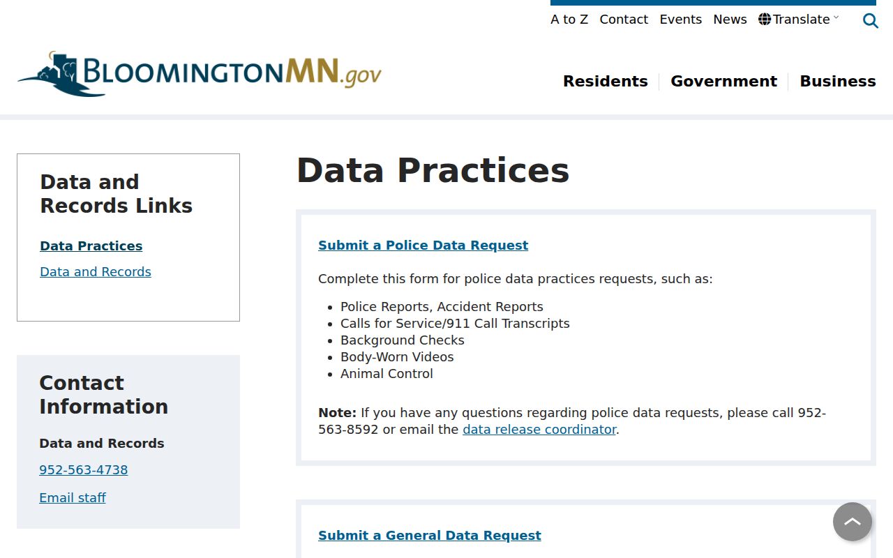 Bloomington residents directory public data request portal