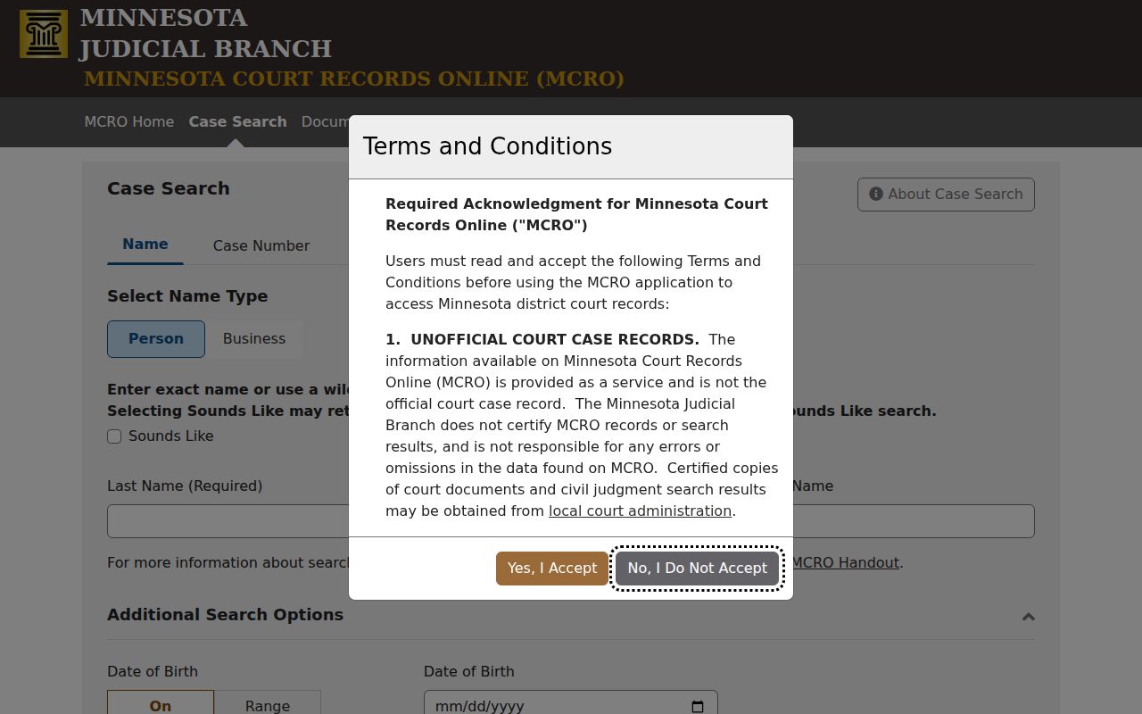 Bloomington residents directory MCRO court case search