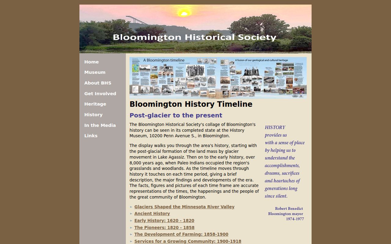 Bloomington previous residents historical society timeline