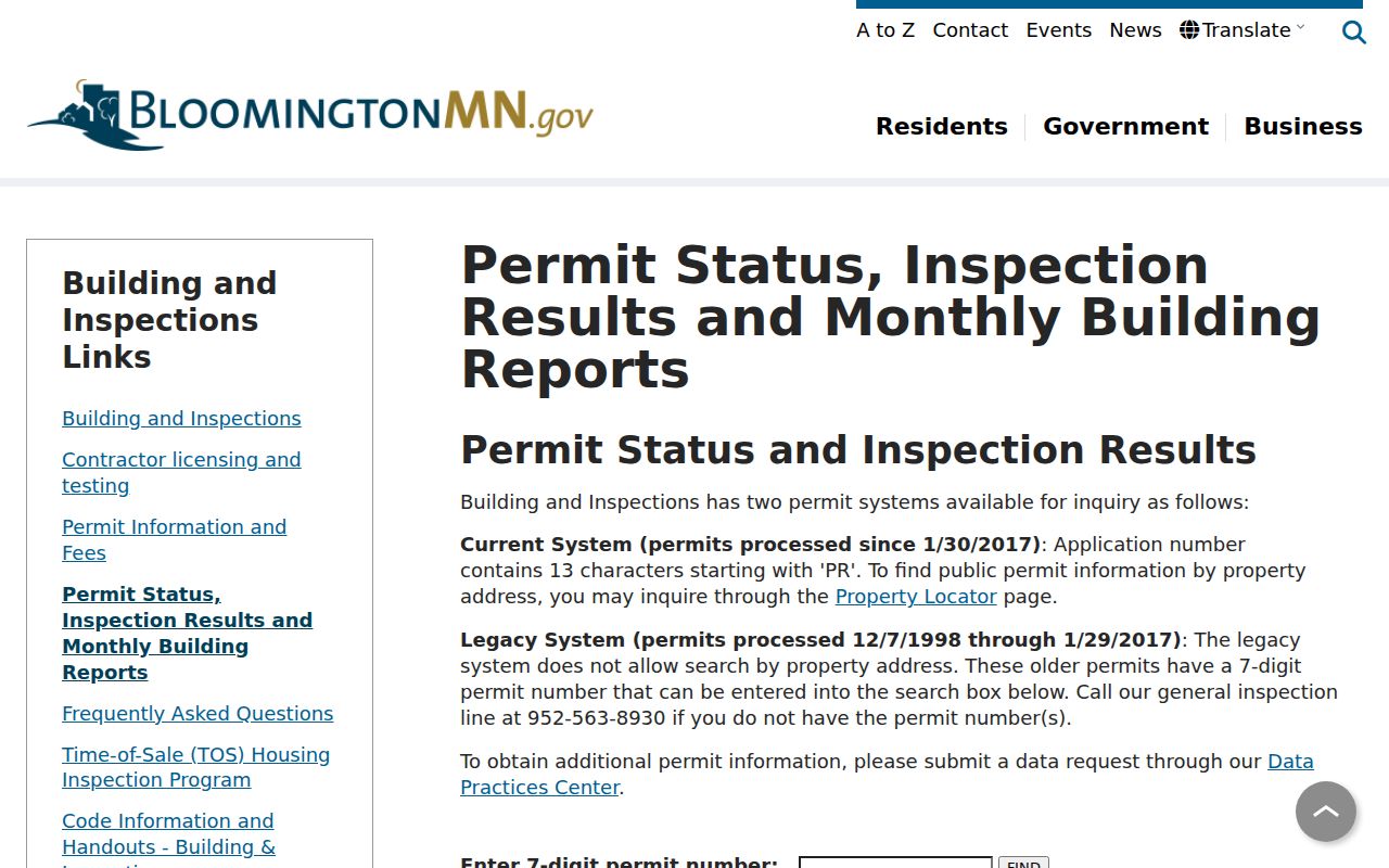 Bloomington street directory permit status and legacy records