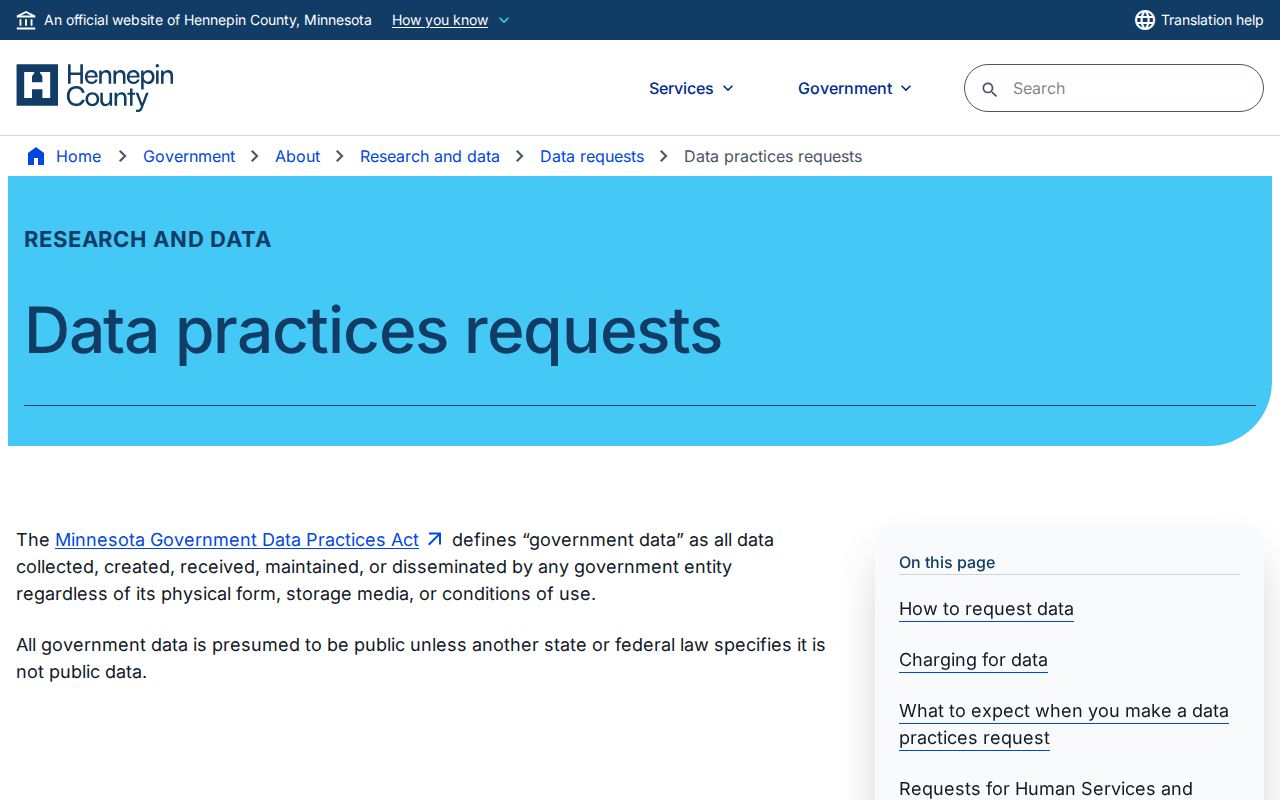 Bloomington street directory Hennepin County data practices request